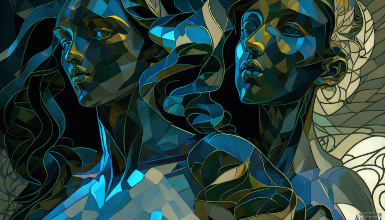 Abstract Blue and Gold Geometric Female Faces on Dark Background