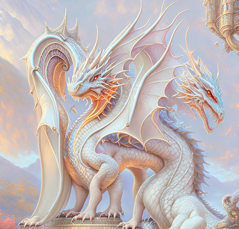 Majestic white dragons with red eyes in pastel sky landscape