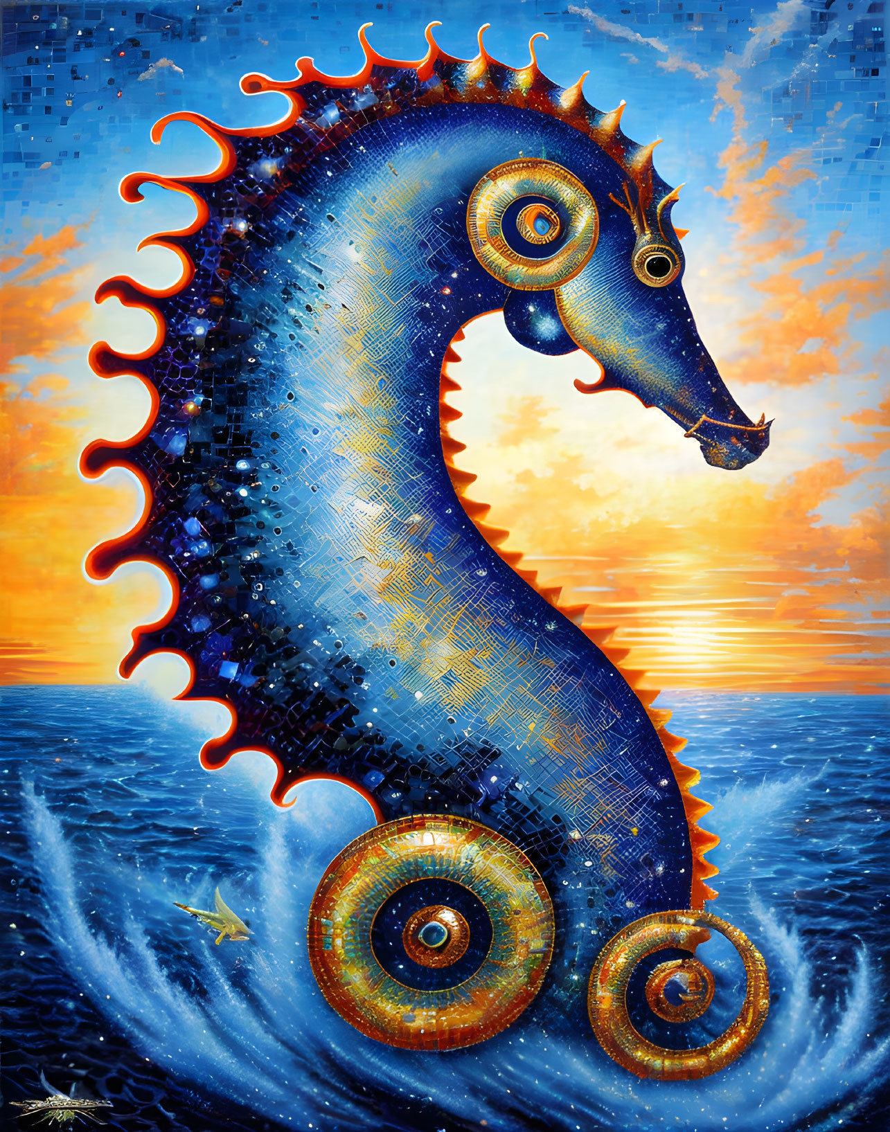 Colorful seahorse art with starry body and fiery mane in sunset ocean scene