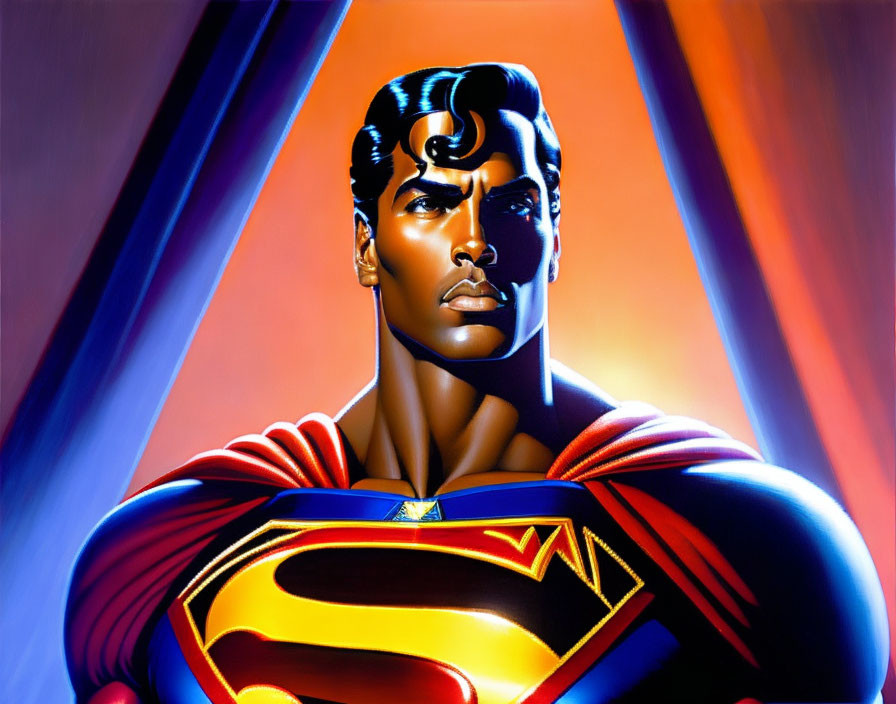 Superman illustration: cape, 'S' shield, blue and red background, exuding heroism