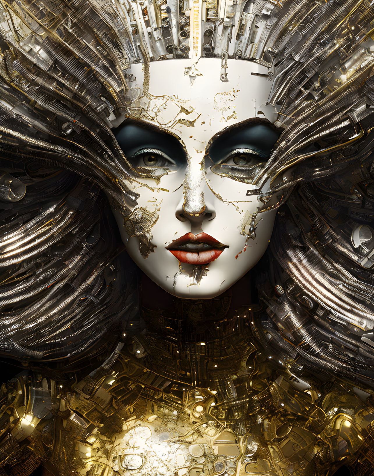 Detailed golden robotic face with cracked white mask and red lips.