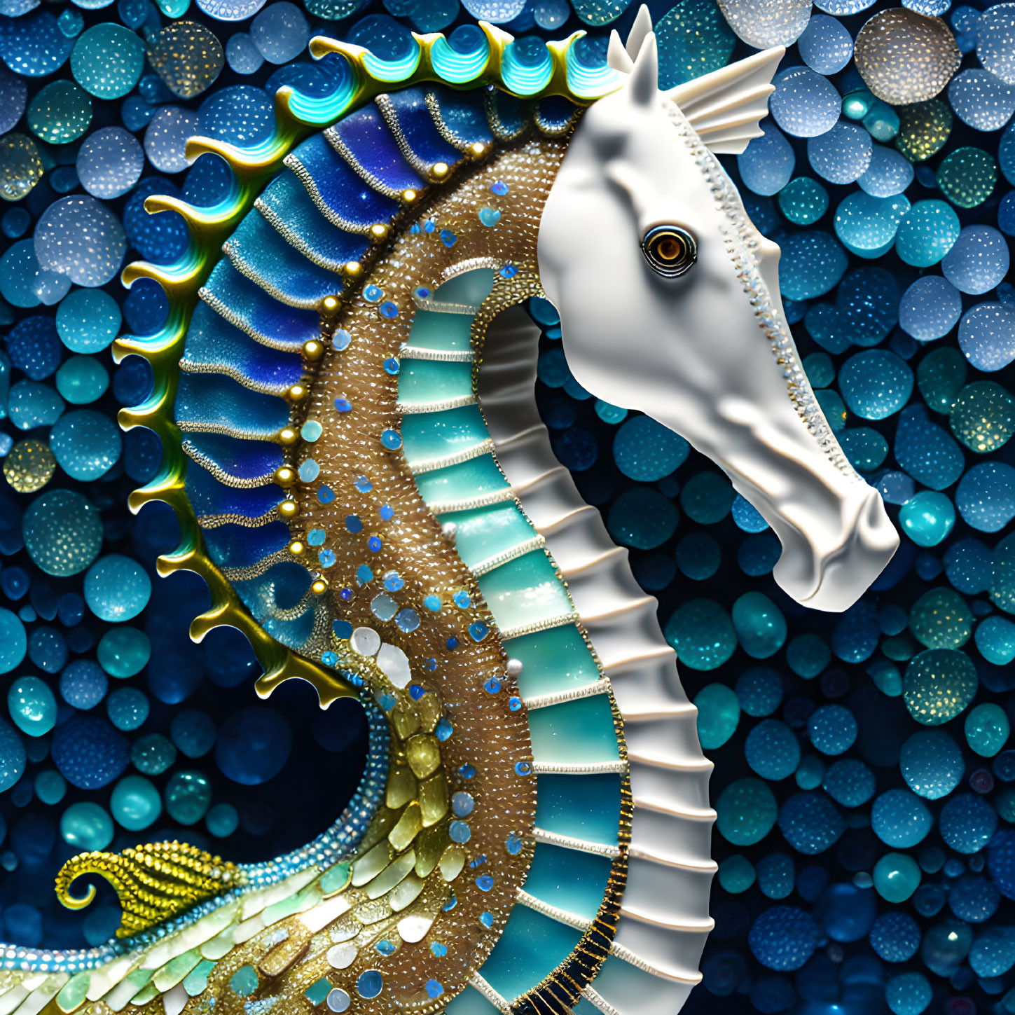 Fantastical seahorse digital illustration with gold and aqua details