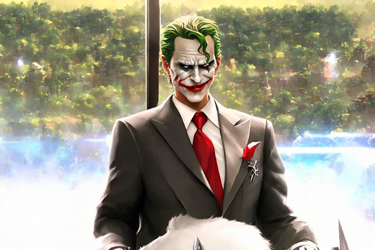 Illustration of person in grey suit with green tie, white makeup, red smile, and green hair