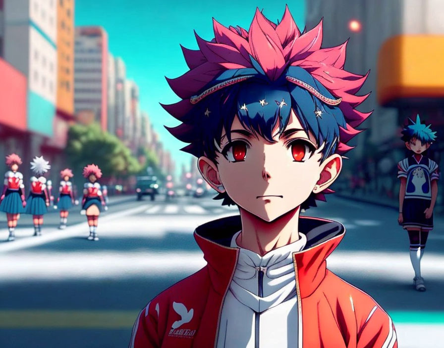 Anime-style boy with pink and blue spiky hair and red eyes in a bustling city street.