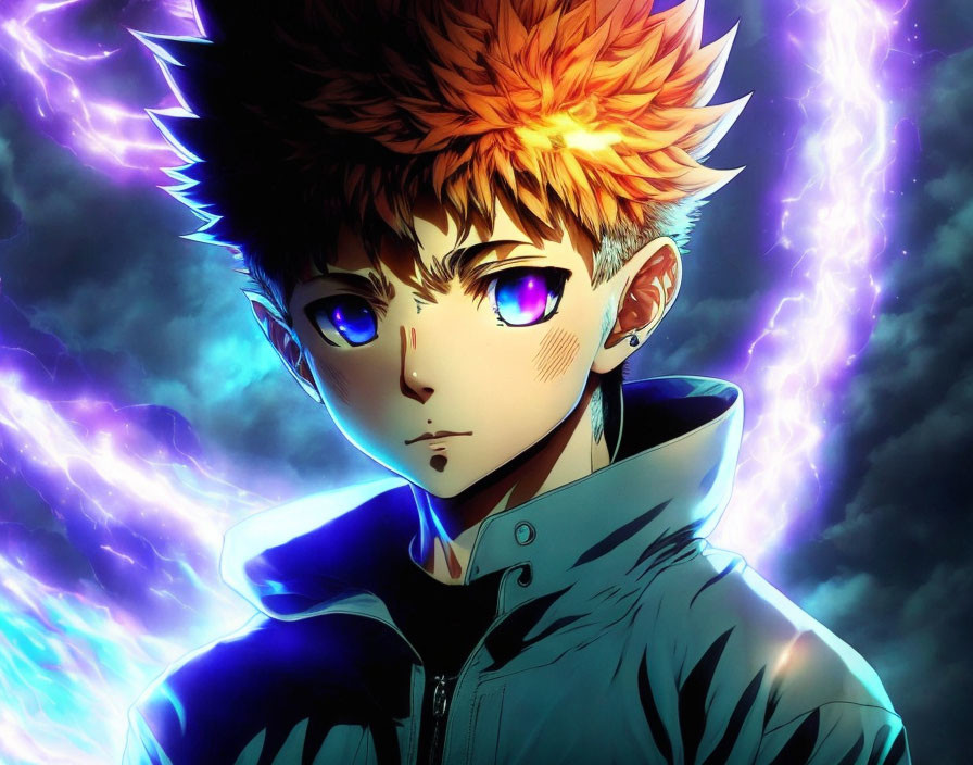 Orange-Haired Animated Character in Blue Jacket with Blue Eyes and Purple Lightning