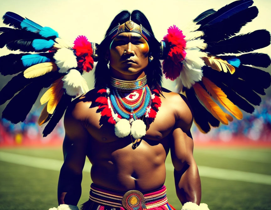 Man in Vibrant Native American Headdress and Regalia Stands Confidently