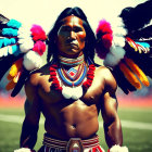 Man in Vibrant Native American Headdress and Regalia Stands Confidently