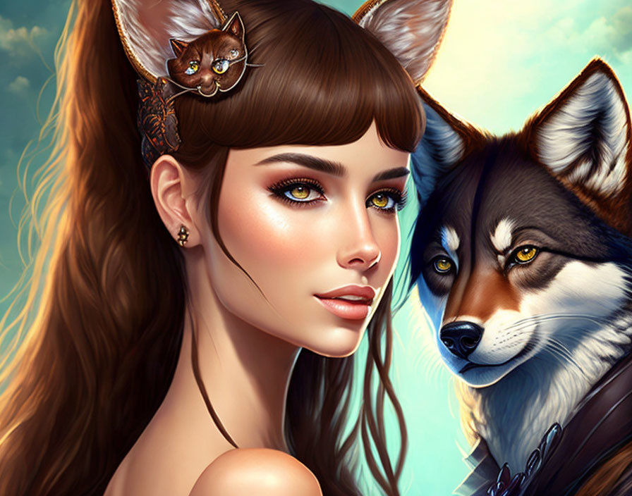 Digital illustration of woman with butterfly, cat, and wolf.