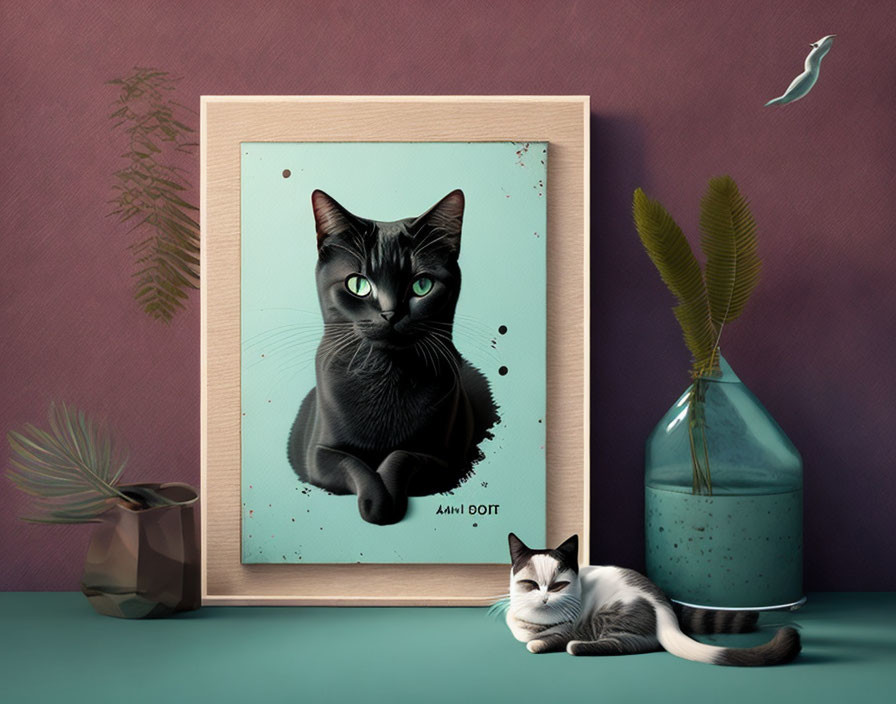 Illustration of black cat on teal background with real cat on shelf