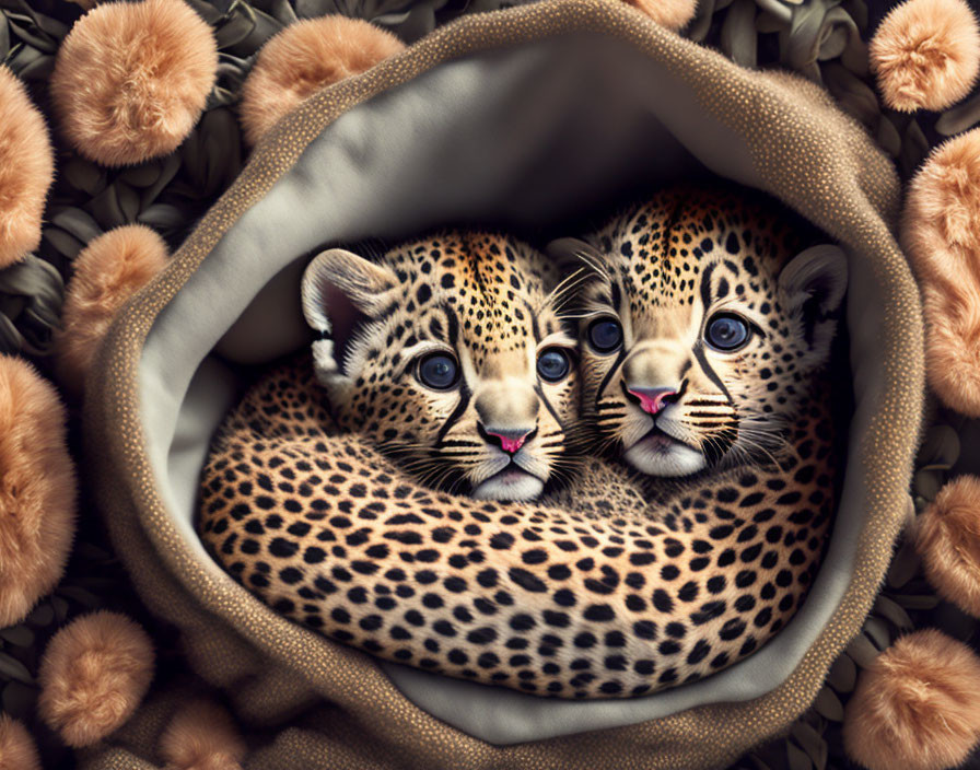 Leopard cubs cuddle on beige fur blanket with brown pom-pom texture.