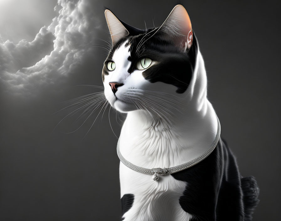 Black and White Cat with Green Eyes and Necklace on Dark Background