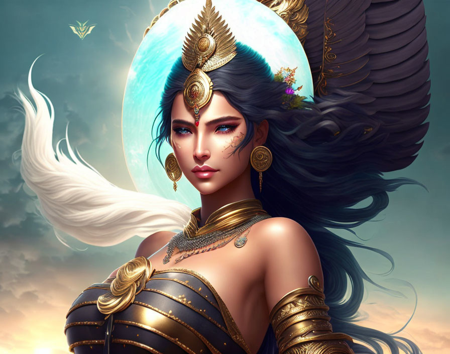 Regal fantasy woman with dark hair and gold jewelry in front of crescent moon