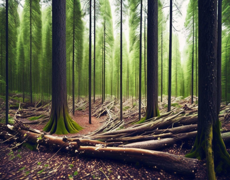 Tranquil forest scene with tall green trees and fallen logs