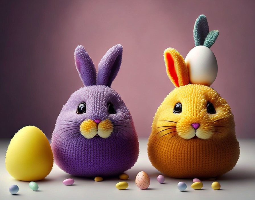 Knitted rabbit toys with Easter eggs and candies on soft background