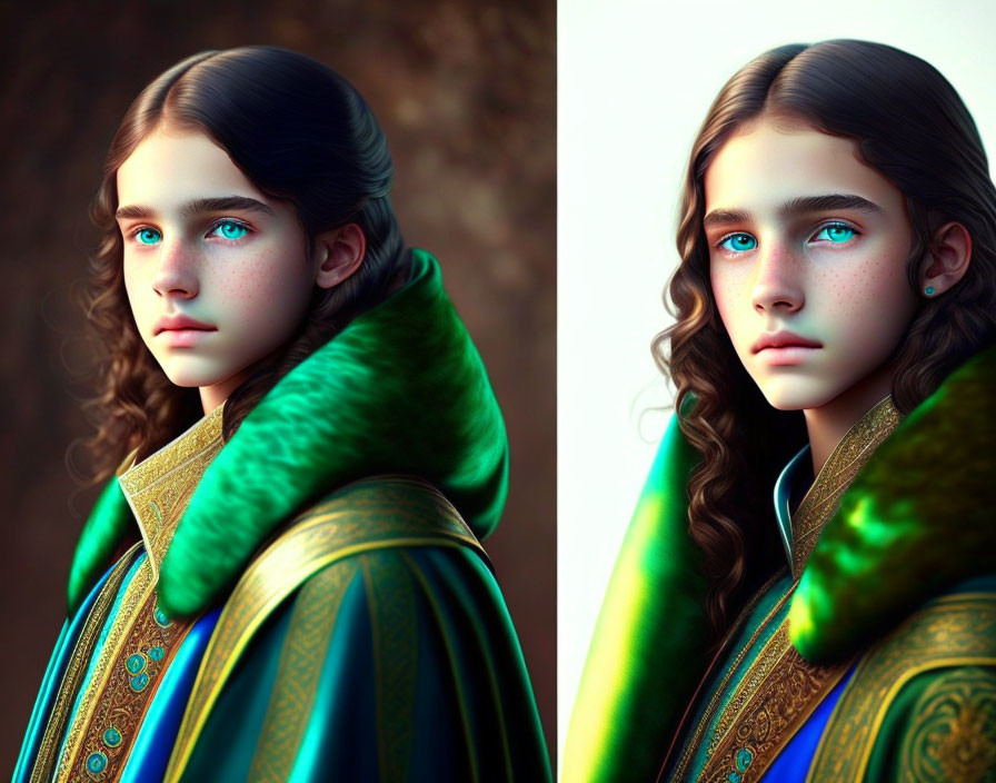 Young person in digital art with striking blue eyes and dark hair wearing embroidered blue and green cloak with gold