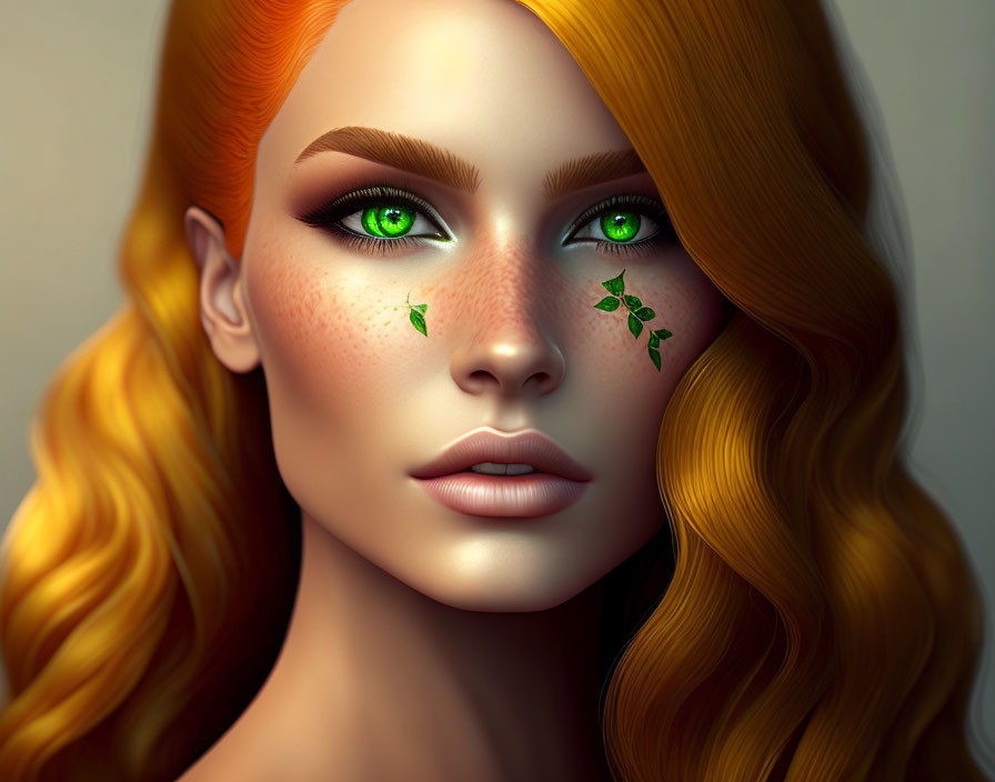 Vibrant digital portrait of a woman with green eyes and red hair