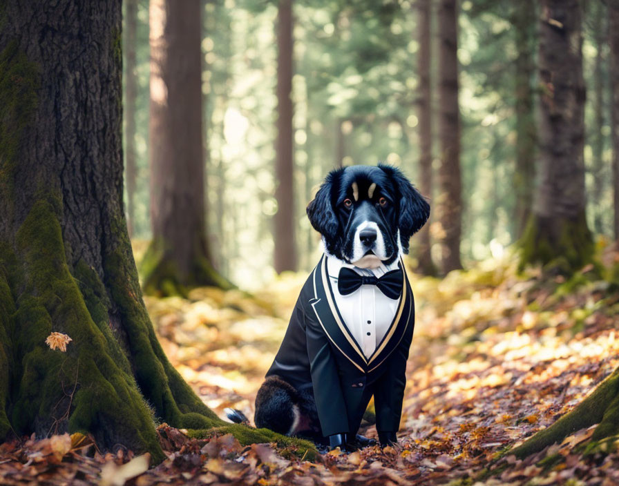 Dog in Tuxedo Surrounded by Fall Foliage in Forest