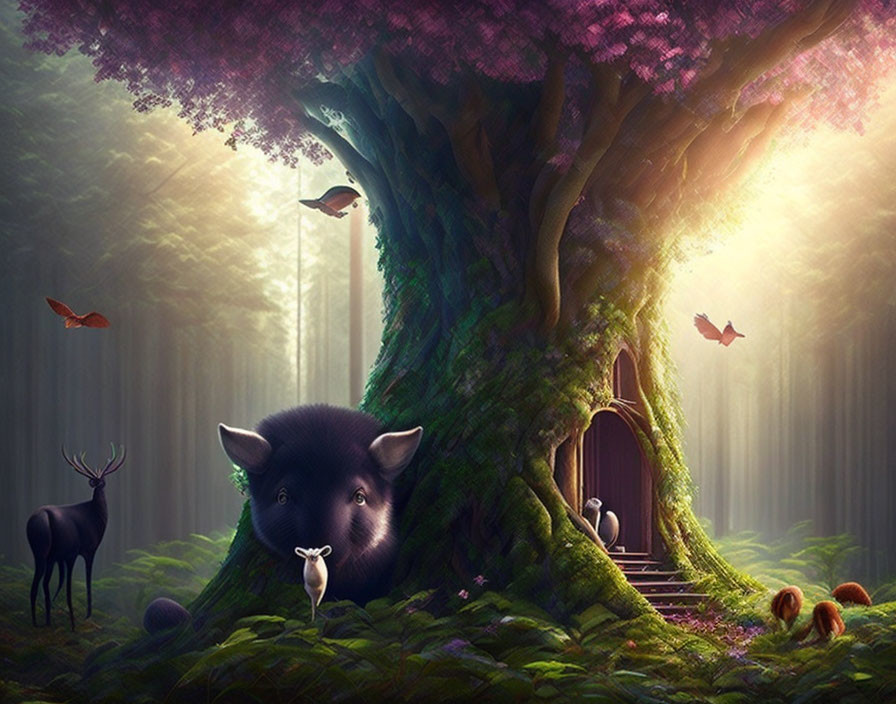 Enchanting forest scene with large tree door, wildlife, floating fish, and ethereal lighting