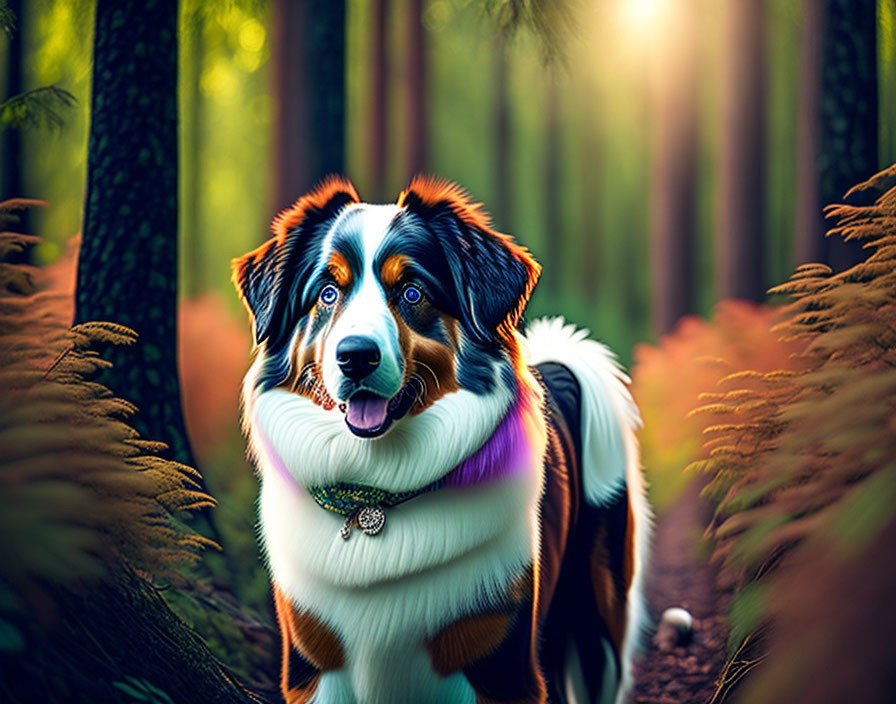 Tricolor Australian Shepherd Dog with Medallion in Forest Setting