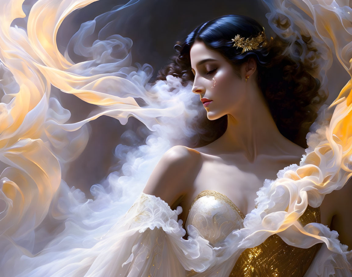 Dark-haired woman in golden hairpiece draped in ethereal white fabric against dark background