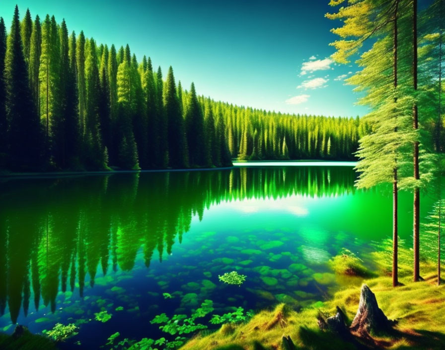 Tranquil forest lake with tall pine trees reflected