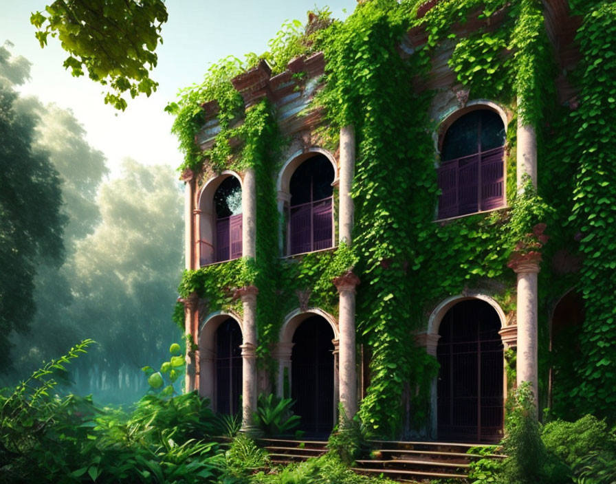 Ivy-covered building with archways in misty forest landscape