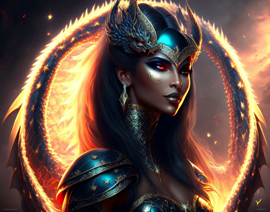 Fantasy female warrior in blue-black armor with fiery halo and headdress.