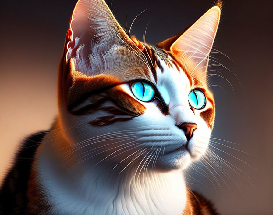 Detailed Close-Up Digital Artwork: Cat with Striking Blue Eyes and Multicolored Fur