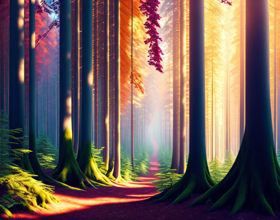 Vibrant forest scene with sunlight beams and tall trees