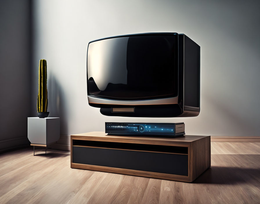 Vintage-style TV on modern wooden stand with sound system, potted cactus, plain wall.