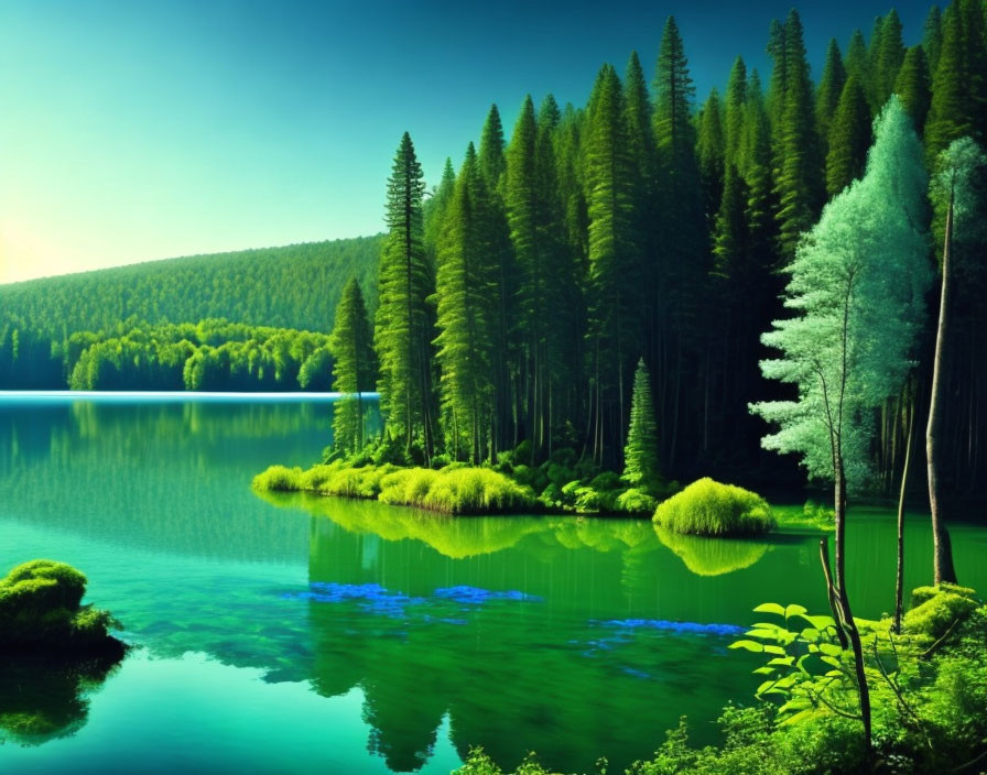 Tranquil Lake Reflecting Lush Pine Forests