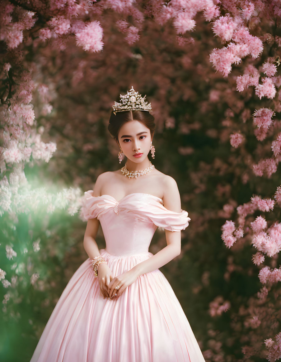 Woman in pink dress and crown surrounded by cherry blossoms.