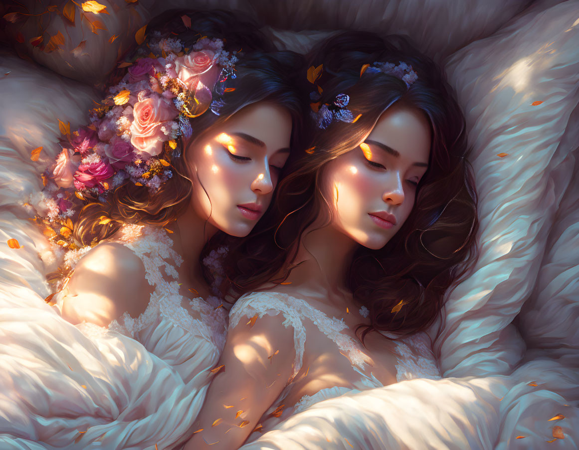 Two women in floral headpieces lying together on white bedding under warm light