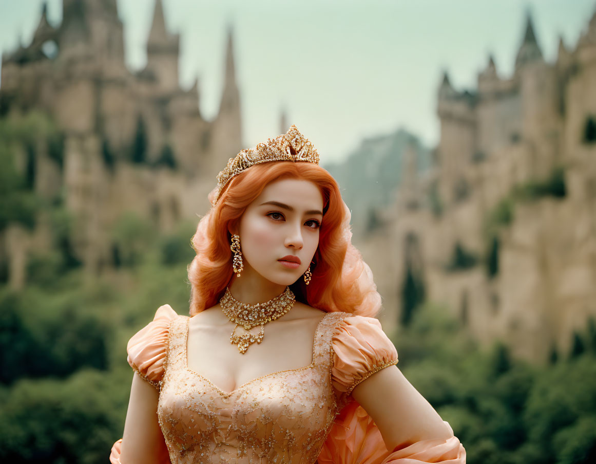 Royal figure in elaborate gown with crown and orange hair posing regally by castle.