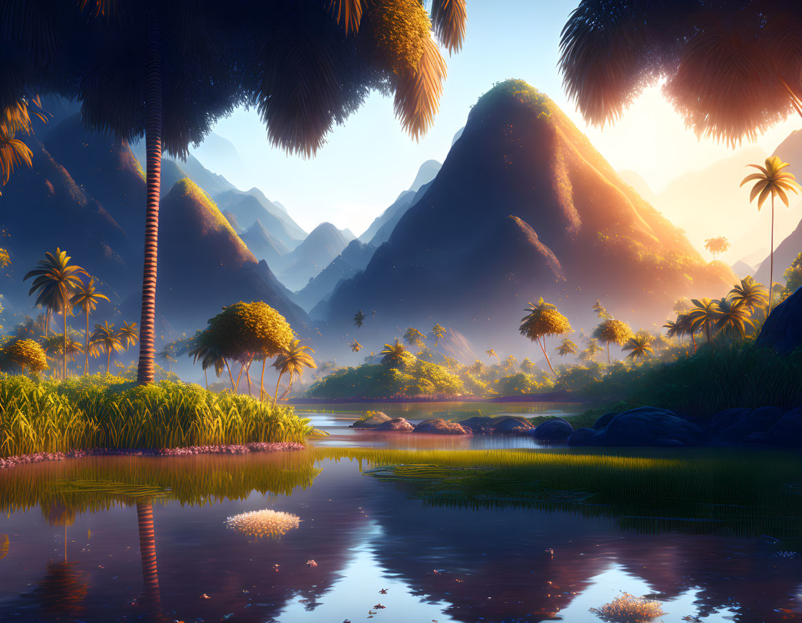 Tropical sunset scene with mountains, palm trees, and river