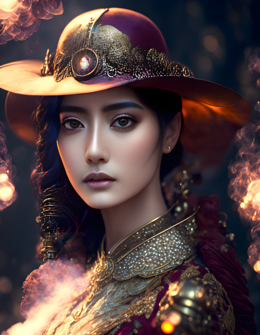 Woman in decorative hat with eye emblem, ornate shoulder armor, amidst swirling smoke and dim lighting