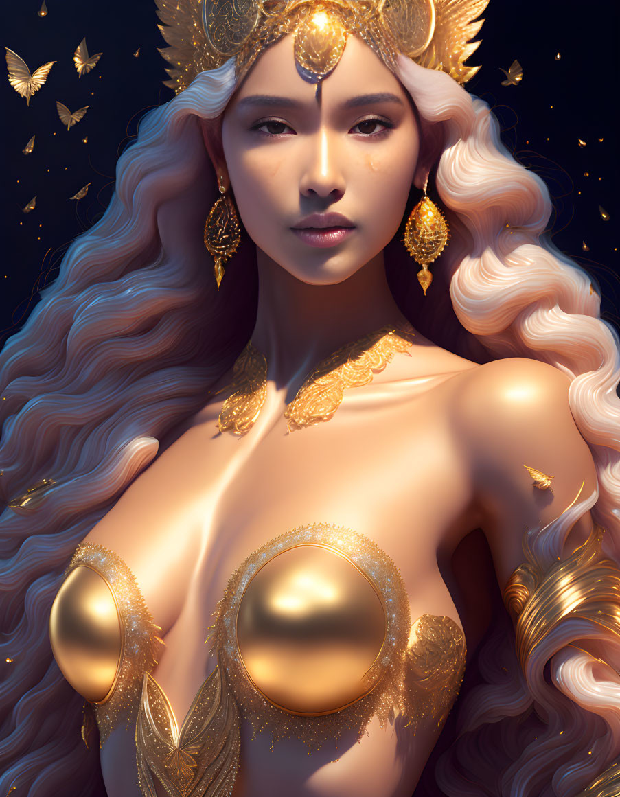 Digital artwork of woman with golden hair and butterflies on dark background