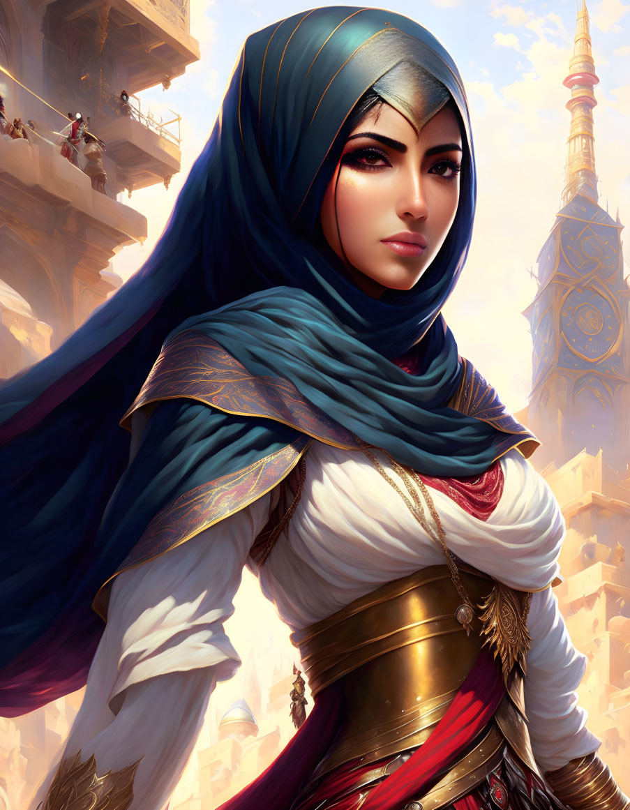 Vibrant hijab and ornate armor in desert cityscape artwork