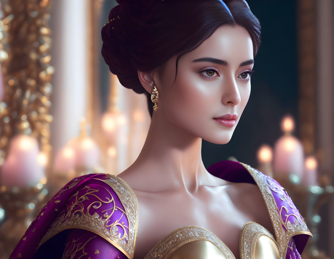 3D illustration of woman in purple and gold gown with updo surrounded by candles