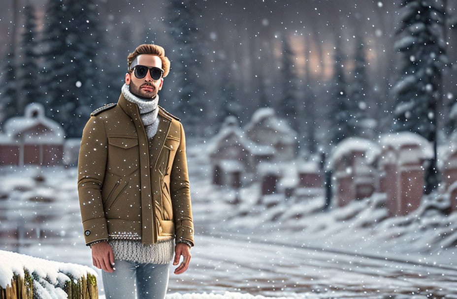 Man in Winter Clothing Standing in Snowy Cabin Setting