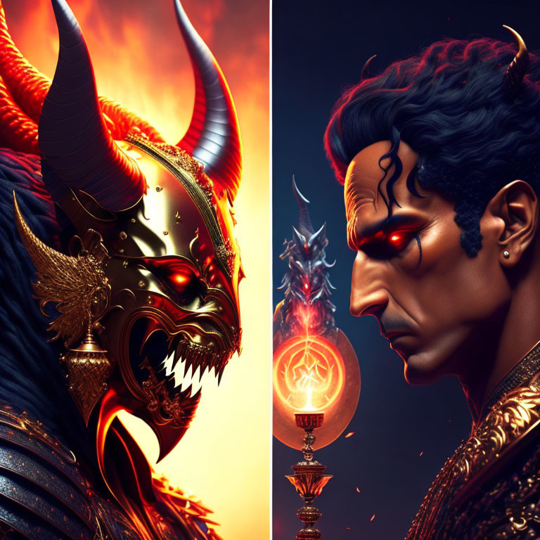 Split Image: Horned Demon and Regal Man against Fiery Background