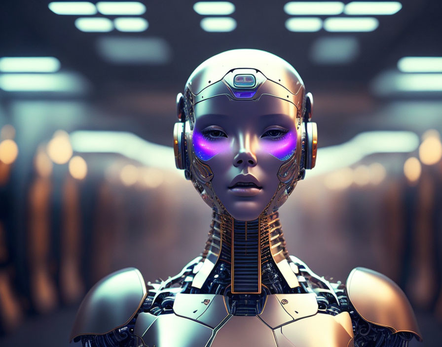 Detailed humanoid robot with glowing purple eyes in futuristic setting