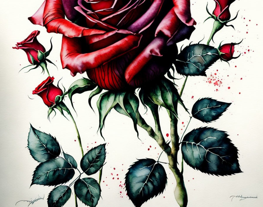 Detailed illustration of large red rose, buds, leaves, and droplets on white background