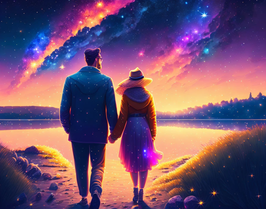 Couple holding hands under vibrant starry sky by lake surrounded by tall grass and colorful galaxy overhead.