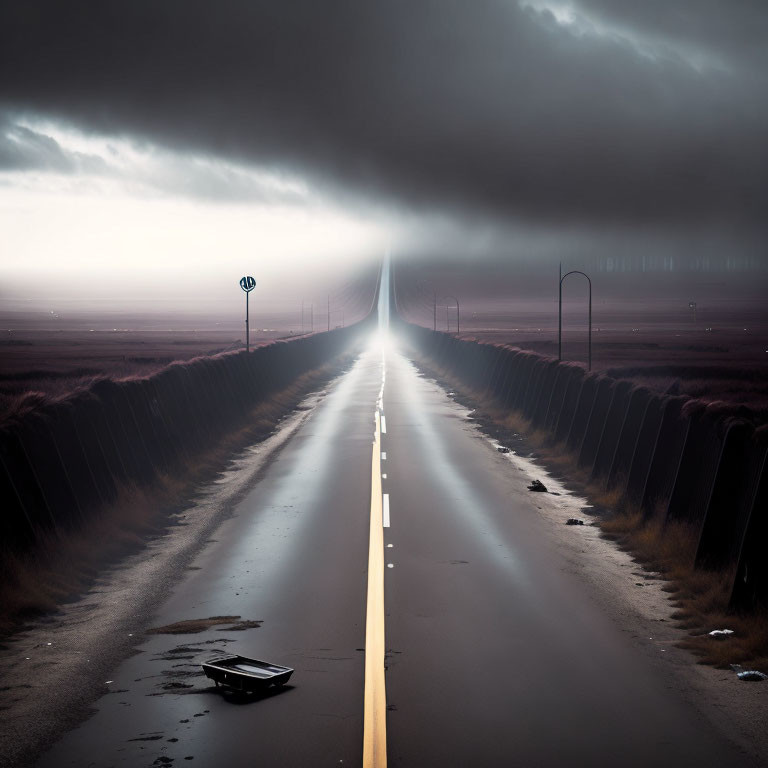 Desolate road with storm clouds, reflective sign, and abandoned object