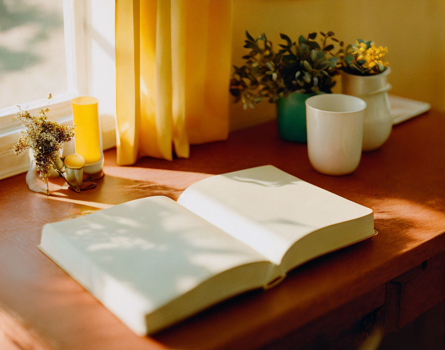 Wooden table with open book, white mug, and potted plants in soft sunlight.