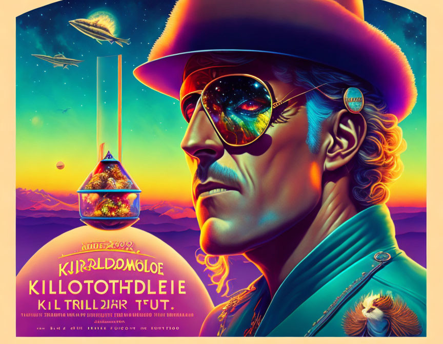 Colorful Retro Space-Themed Illustration with Man in Cowboy Hat and UFO Reflection