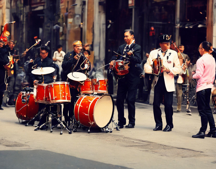 Colorful Street Scene with Musicians Playing Drums and Tambourine