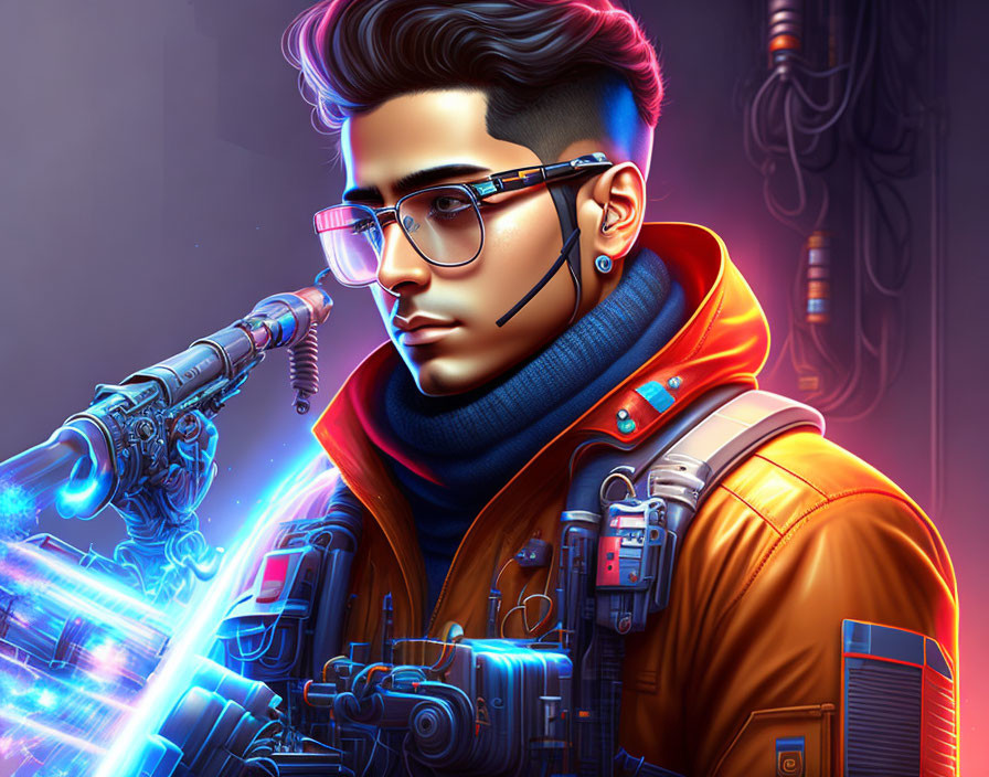 Futuristic digital illustration of person in orange jacket with high-tech glasses & glowing blue weapon