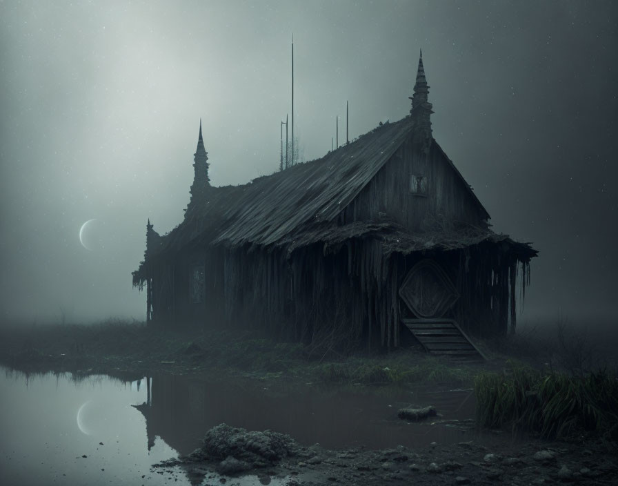 Moonlit misty night scene of dilapidated wooden hut with spires by still water